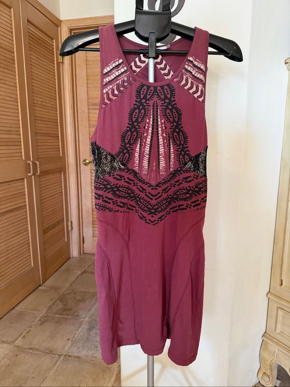 Free People burgundy, BoHo, mini dress with lace and mesh cut outs